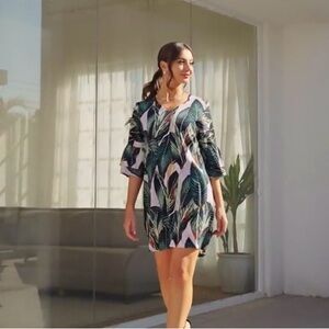 BELONGSCI Women's Dress V-Neck Bell Sleeve Mini Shift Palm Pattern Large Used